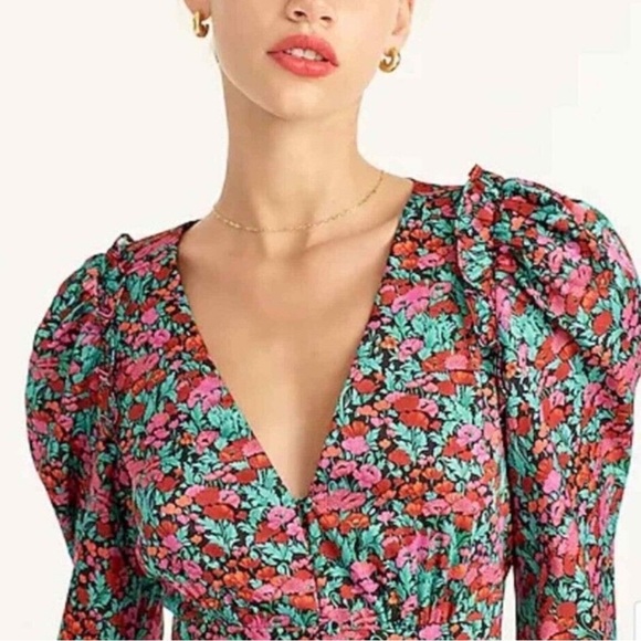 NWT J. Crew Collection Drapey Puff Sleeve Floral Midi Dress in Ratti® Red Blooms - Picture 3 of 4
